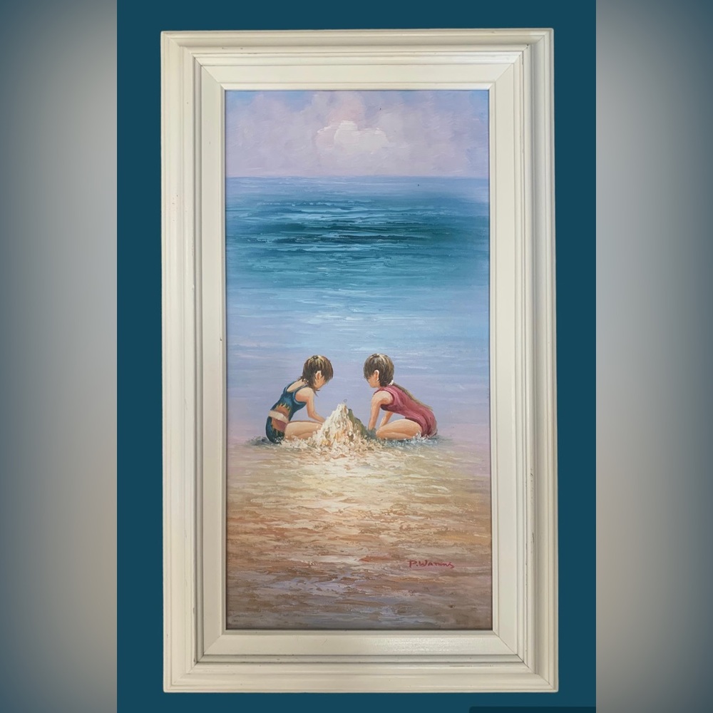 Oil on Canvas Girls Play Sandy Beach Ocean Art Framed ~P Watkins Signed Original